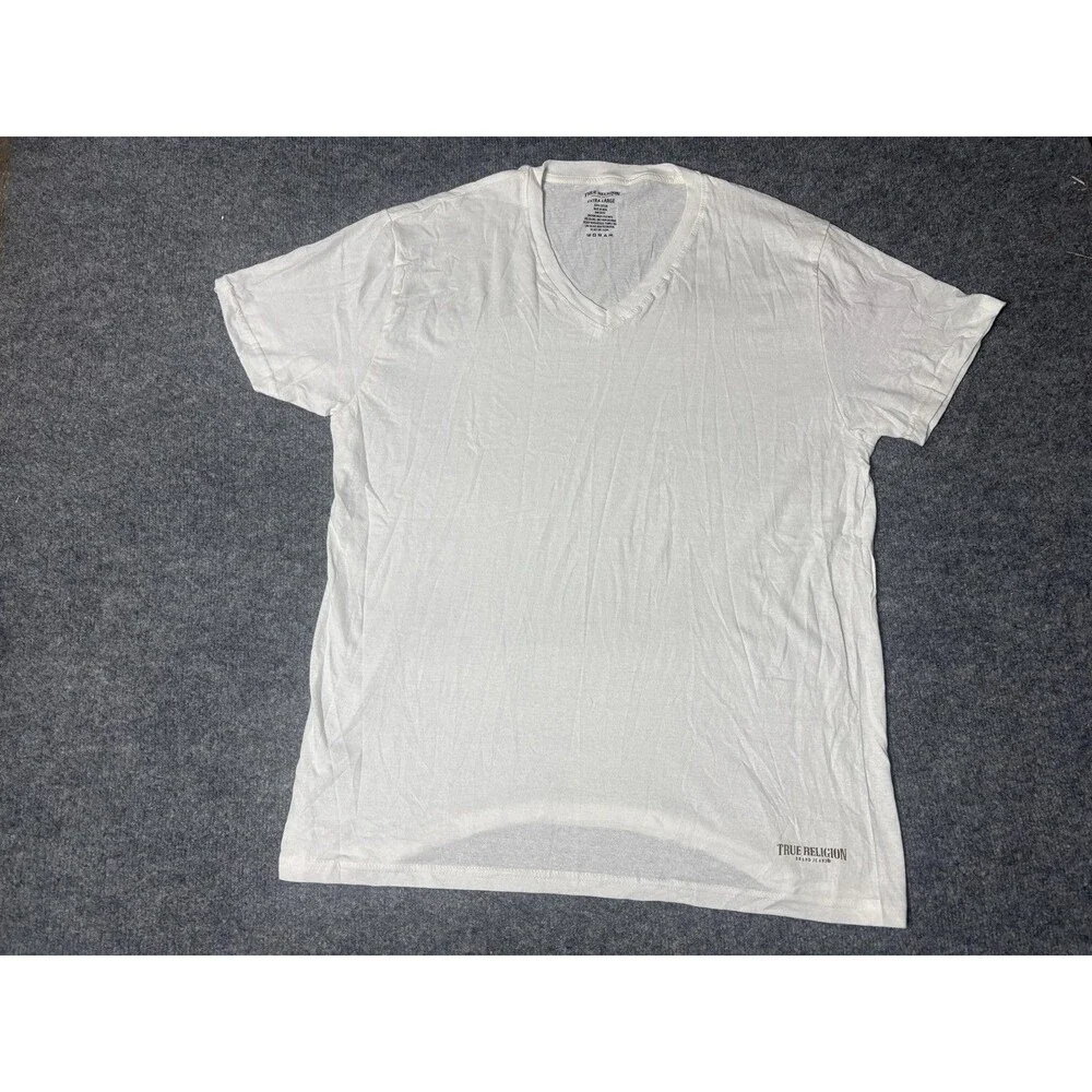 True Religion Shirt Mens XL White V-Neck Tagless Cotton Logo Basic Tee Casual